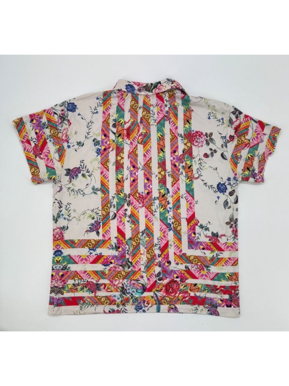 Johnny Was XS Azzy Boho Floral & Geometric Bamboo Button-Up Polo Shirt - Picture 5 of 11